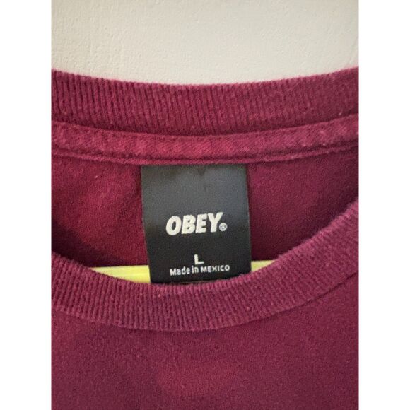 Obey Worldwide Floral Logo Tee – Men's Size L Burgundy Streetwear Graphic Shirt - Picture 2 of 2